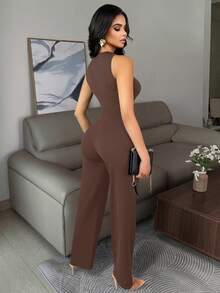 Vavine 优雅商务休闲女装套装，金属纽扣装饰，无袖弹力修身性感吊带背心和裤子黑色两件套，棕色女士最新款商务休闲女装套装，棕色粘胶纤维女士西装 - 棕色 - 查看 2