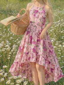 SHEIN 少女連身裙，適用於渡假度假，後系帶無袖花朵印花設計 - 粉色 - 查看 1