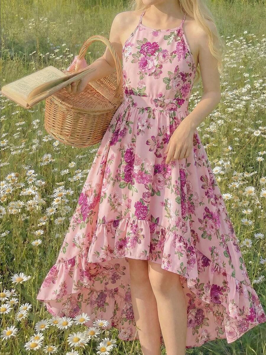 SHEIN 少女連身裙，適用於渡假度假，後系帶無袖花朵印花設計 - 粉色 - 查看 1