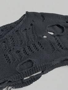 ROMWE Kawaii Spring/Summer Carnival Party Casual Black Plus Size Cute Bowknot Flare Sleeve Ripped Sheer Design Cropped Knit Top - Grey - View 5