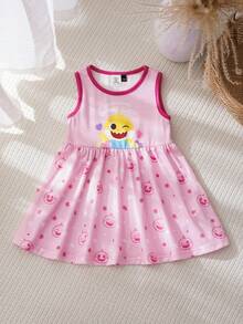 BABY SHARK X SHEIN Đầm không tay cổ tròn in hình cá mập hoạt hình cho bé gái, dễ thương. - Hồng - Xem 1