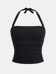 少女春夏街头风百搭休闲度假风无肩带褶皱弹力蝴蝶结修身露脐上衣 - 彩色 - 查看 5