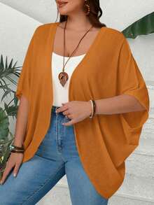 EMERY ROSE Plus Size Casual Solid Color Batwing Sleeve Jacket - Orange - View 3