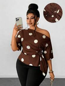 Maweii Spring, Summer, Autumn Oblique Shoulder Ruffle Sleeve Rose Waist Handkerchief Hem Solid Color Elegant Chic Commuting Design Sense High-End Vacation Daily Wear New Essential Plus Size Women Blouse - Brown - View 1