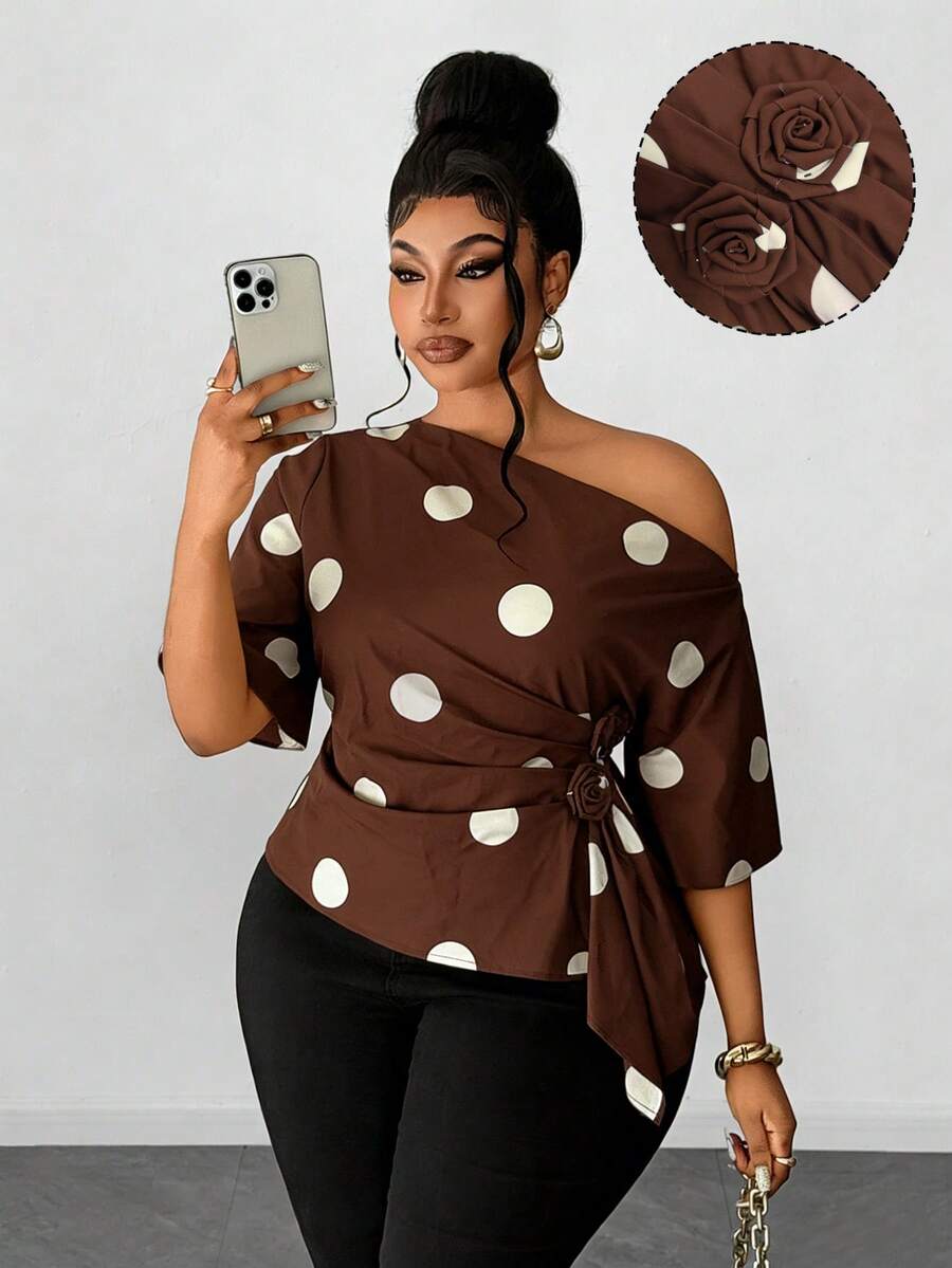 Maweii Spring, Summer, Autumn Oblique Shoulder Ruffle Sleeve Rose Waist Handkerchief Hem Solid Color Elegant Chic Commuting Design Sense High-End Vacation Daily Wear New Essential Plus Size Women Blouse - Brown - View 1