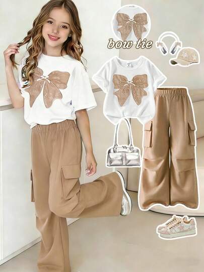 SHEIN ChillGRL Cute Tween Girls Khaki Pants And White Round Neck Short Sleeve Tee Co-Ords Set With Bow Detail