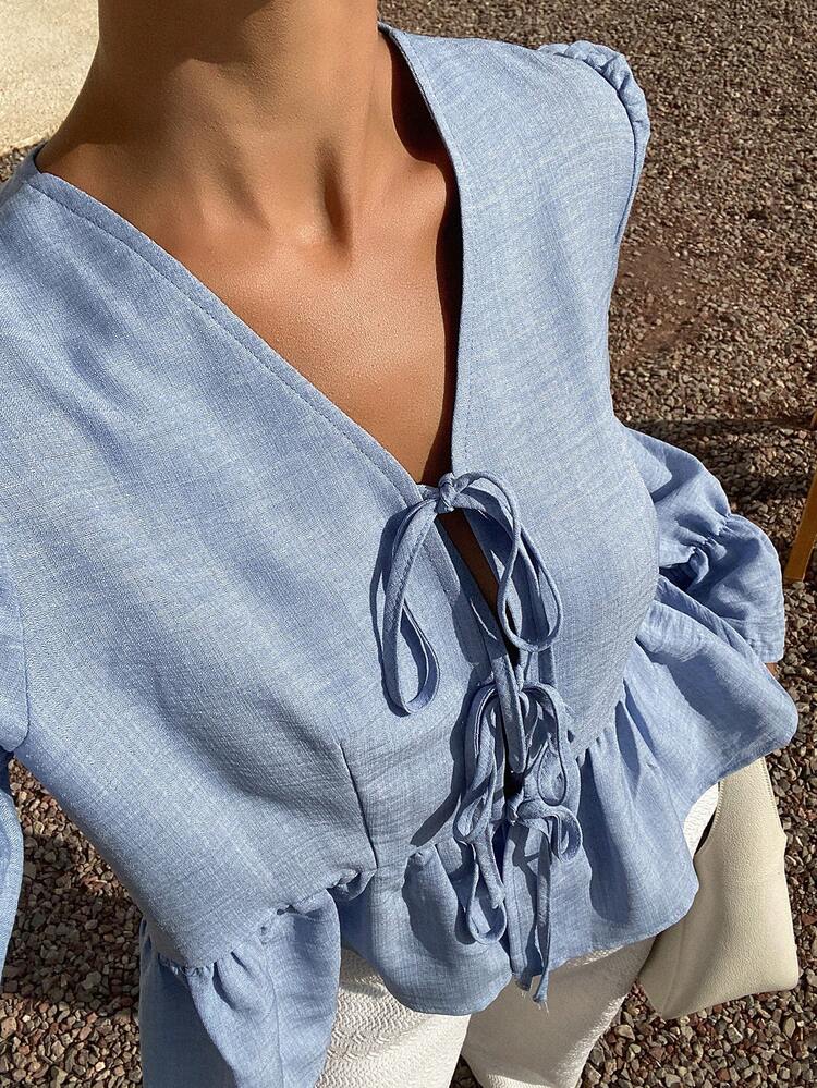 Elegant Bow-Tie Strap Blouse, Casual Resort Style, Spring & Summer