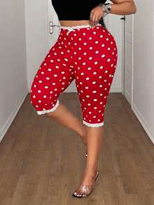 Maweii Plus Size Women Lace Trim Bow Decor Polka Dot Casual Versatile Daily Wear Skinny Capri Leggings - Red - View 5
