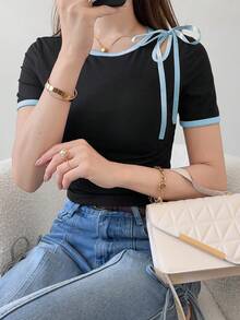 FRIFUL 女士圆领撞色滚边露肩蝴蝶结装饰短袖甜美T恤 夏季 - 藍色 - 查看 6