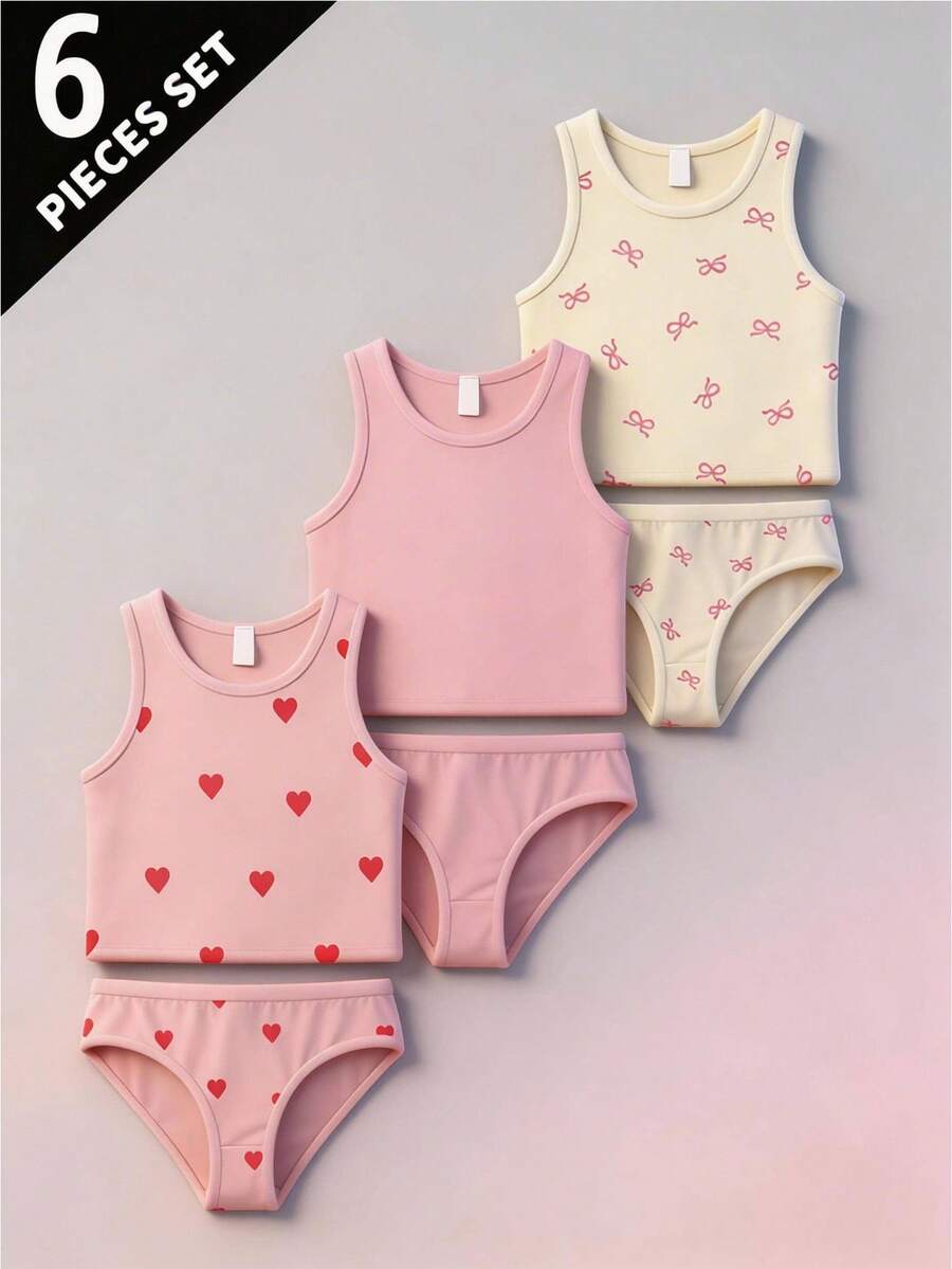 Bộ đồ lót 3 món cho bé gái, áo hai dây và quần lót họa tiết trái tim và nơ dễ thương. - Nhiều màu - Xem 1