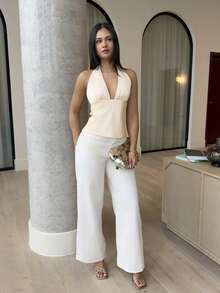 LHSEPT 黄色缎面 V 领露背吊带背心、派对鸡尾酒会上衣、正式场合衬衫、性感女式缎面上衣、圣诞节、鸡尾酒会、商务休闲装、外出上衣 - 淡黃色 - 查看 5