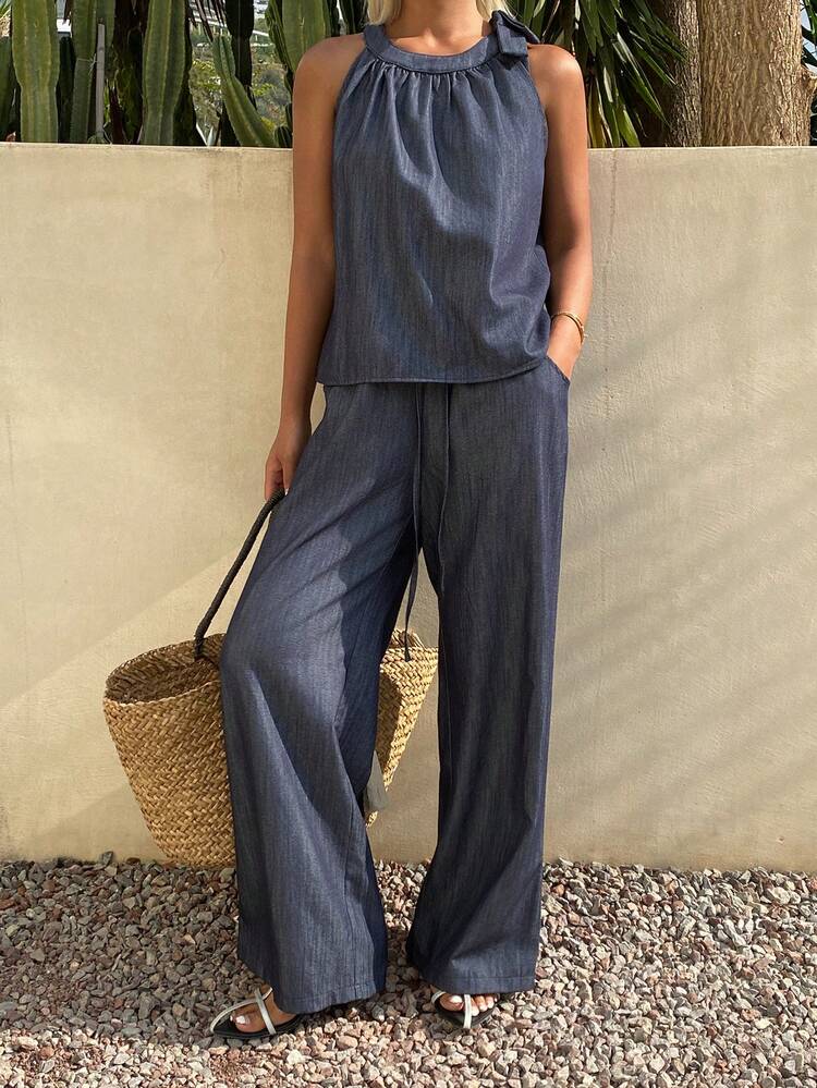 Women's Vacation Solid Color Pleated Halter Top And Pants 2 Pieces Set
