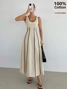 Siren Gaze 女士撞色滚边收腰无袖连衣裙，亚麻休闲收腰喇叭连衣裙，100%纯棉夏季连衣裙 - 杏色 - 查看 4