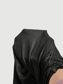 SHEIN MOD 大码女式豹纹露肩网纱二合一喇叭袖长袖上衣，春夏款 - 黑色 - 查看 7
