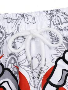 ROMWE MEN Goth Celana Pendek Pria Bertali Serut Motif Gaya Jalanan - MultiWarna - View 4