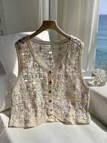 Comfortcana Plus Size Women Contrast Color Hollow Out Single-Breasted Knit Cardigan Vest - Multicolor - View 1
