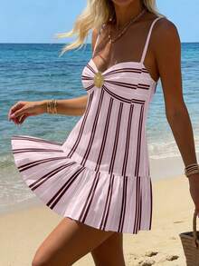 SHEIN EZwear Đầm nữ cổ chữ V không tay màu hồng kẻ sọc không đều, phong cách retro thường ngày, trang trí bằng họa tiết xếp ly kẻ sọc, gấu đầm phồng nhiều lớp, mang đến vẻ thanh lịch, gợi cảm cho kỳ nghỉ ở bãi biển Pháp, thích hợp cho các bữa tiệc, lễ hội âm nhạc, hẹn hò Valentine, hoặc làm đầm ngắn lãng mạn mùa xuân/hè. - Nhiều màu - Xem 8