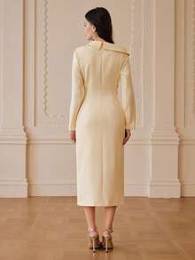 ZEYLAH Elegant Party Asymmetric Collar Cinched Waist Draped Midi Dress, Autumn/Winter - Light Yellow - View 3