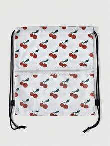 ROMWE Kawaii Sweet Cherry Printed Drawstring Backpack - Lightweight And Lovely Lace Trimmed Casual Backpack With Transparent Pocket Fitness Bag For School, Commuting, Travel And Daily Use - White Cherry - View 3