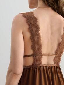 SHEIN 女士性感蕾丝拼接无袖露背睡裙 - 咖啡棕 - 查看 8