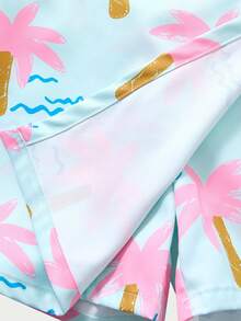 Casuvi Kids 2pcs/Set Girls' Energetic Light Pink,Summer,Minimalist,Beach,Holiday Faux Denim Print Asymmetrical Shorts,Sunflower Heart Smiling Face Outing Skirts - Multicolor - View 8