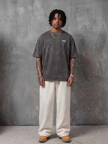 RHETRK 男士大碼字母補丁細節落肩T恤 - 黑色 - 查看 4