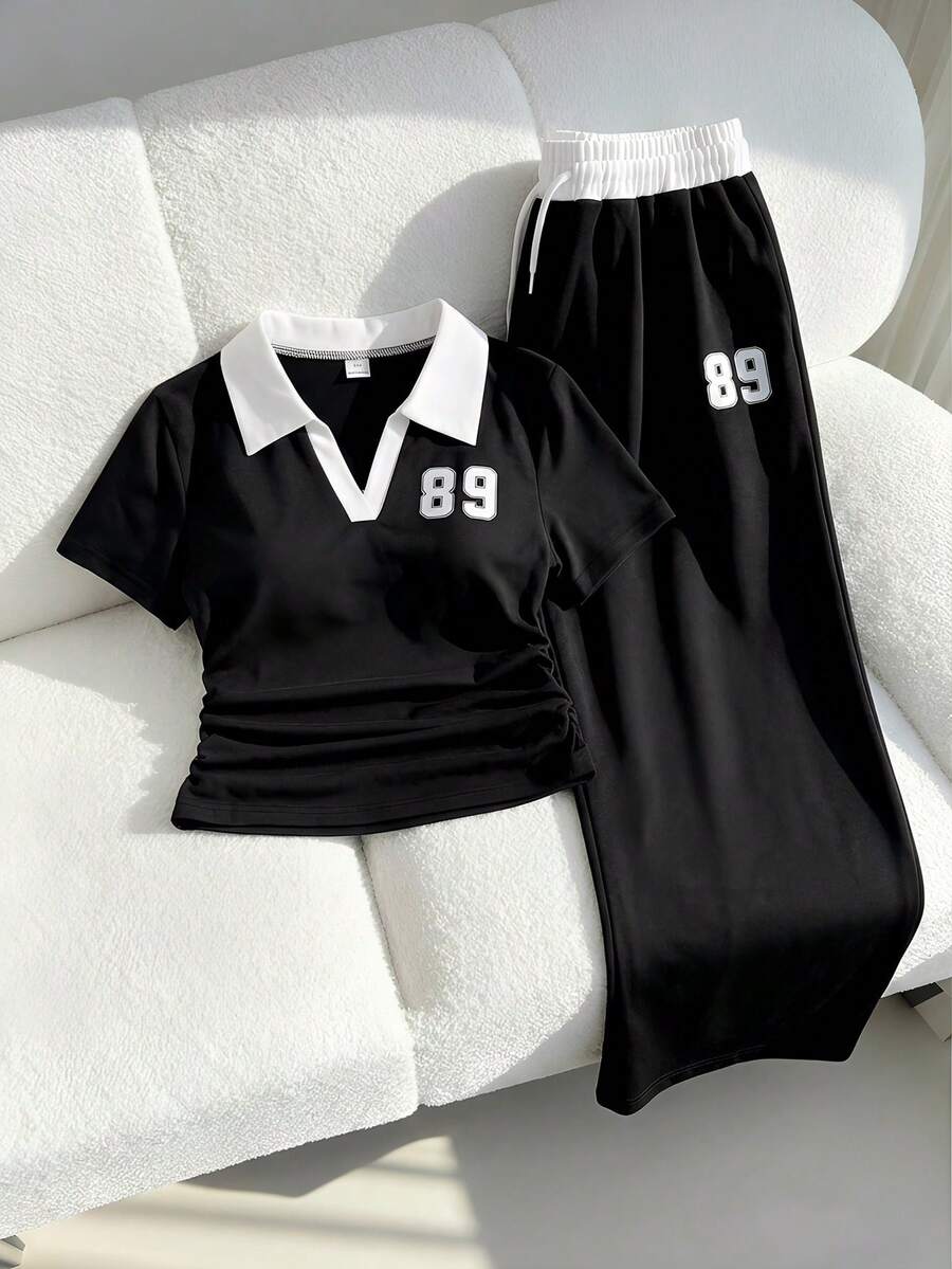 SHEIN 两件套少女休闲运动套装,Polo领撞色褶皱短袖上衣搭配抽绳阔腿裤,舒适宽松版型,适合日常、通勤、休闲、度假、外出等场合。 - 黑色 - 查看 1