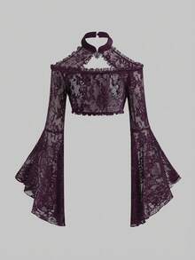 Gothic Palace Style Flare Sleeve Sheer Lace Cutout Cropped Halter Top - Purple - View 3
