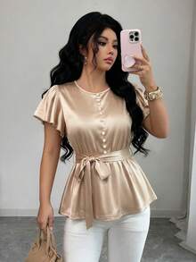 Selianne Women's Elegant Sexy Delicate Shiny Solid White Short Sleeve T-Shirt, Versatile For Spring/Summer Golf - Champagne - View 4
