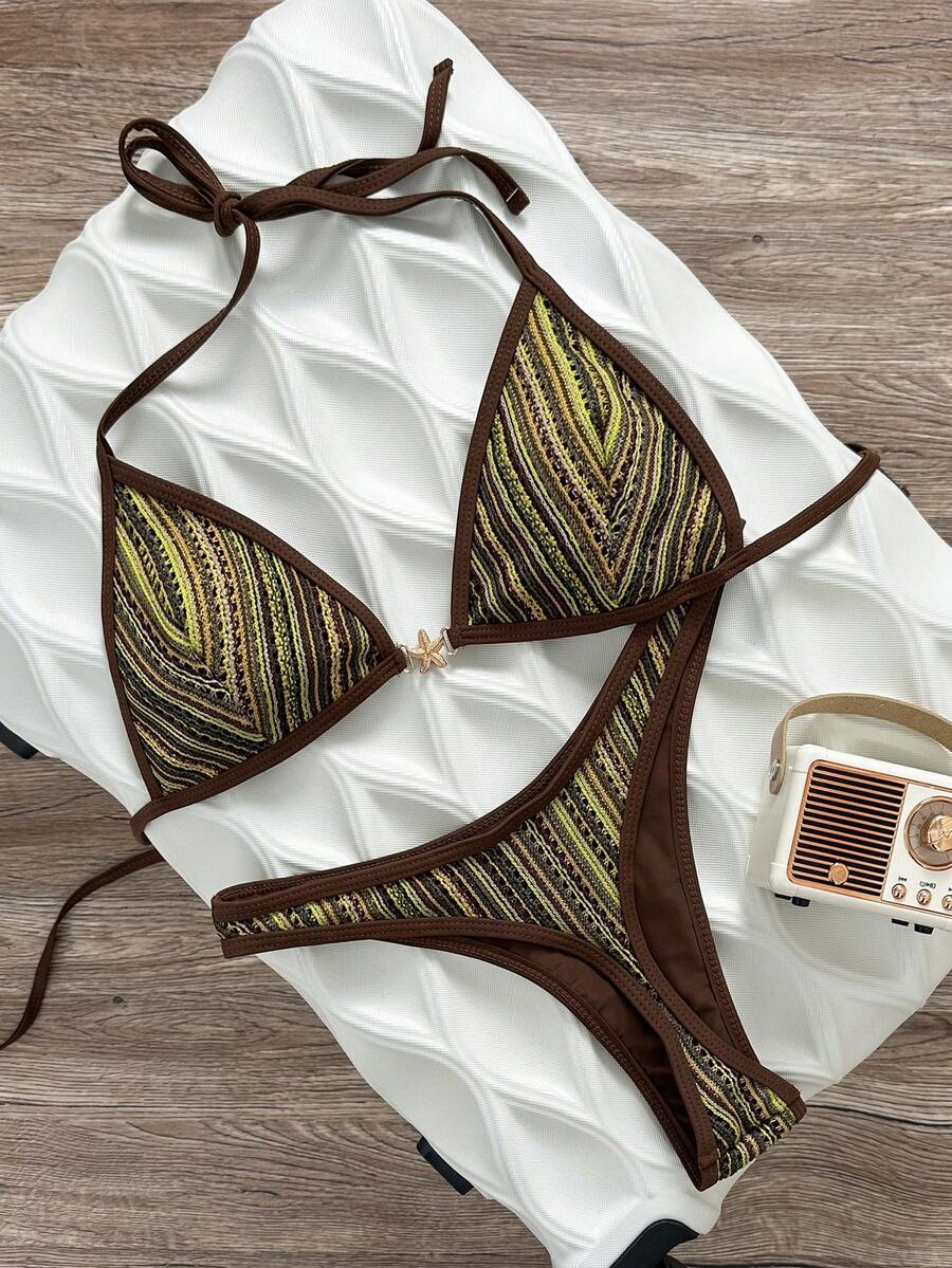 Swim Vcay Set Bikini Seksi Wanita Musim Semi/Panas Warna Polos Model Segitiga Tanpa Kawat dengan Atasan Halter Tanpa Punggung dan Celana Pendek Renang untuk Liburan Pantai