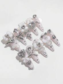 ROMWE Anime 10 件 Y2K 可爱心形、星星、蝴蝶结、翅膀美甲贴纸（带胶带） - 透白 - 查看 2