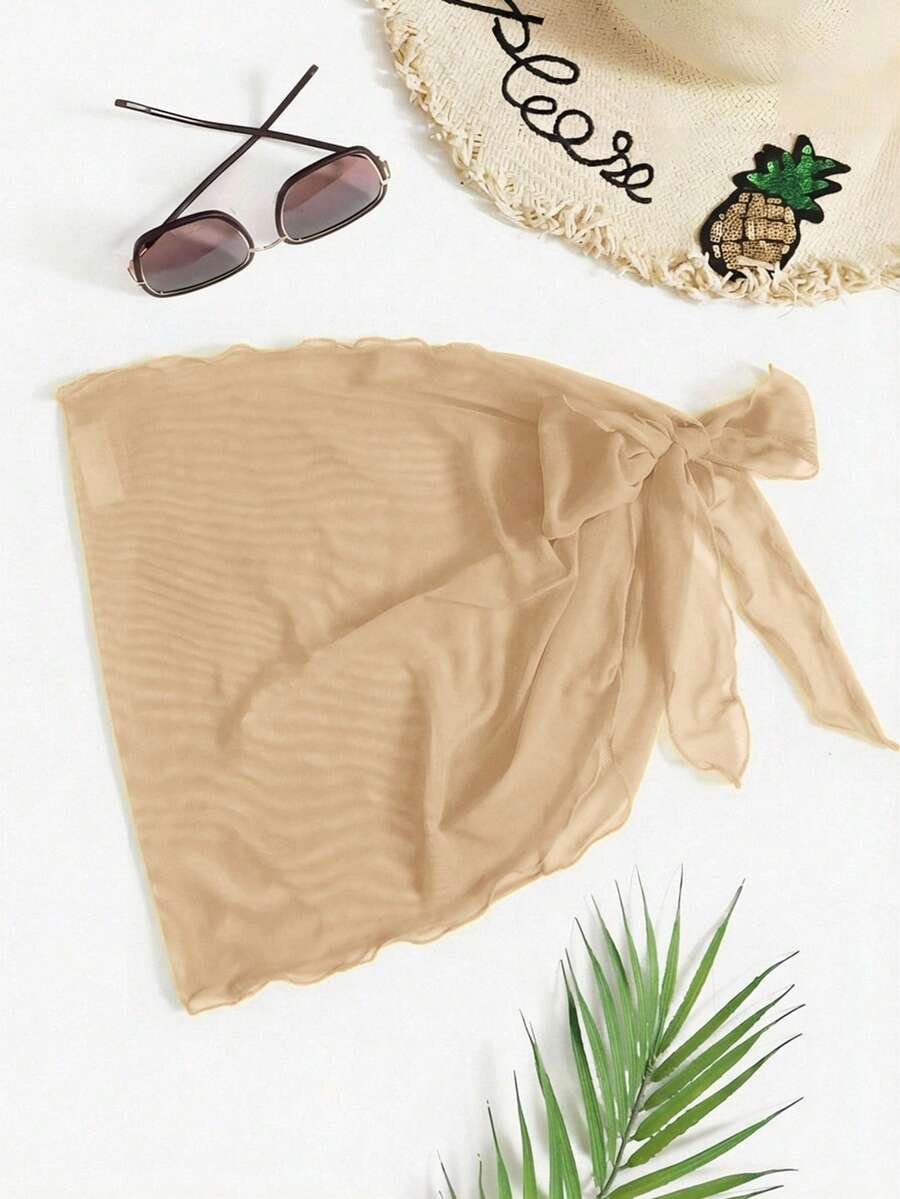 Swim Vcay Women's Fashion Beach Vacation Ruffle Trim Asymmetrical Hem Tie-Up Cover-Up & Mini Skirt Set - Khaki - View 1