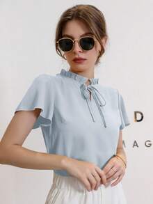 Mulvari Women's Fashionable Solid Color Tie Collar Short Sleeve Blouse - Baby Blue - View 3