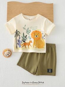 Cozy Pixies Set de 2 piezas de top de punto holgado de cuello redondo y pantalones cortos con estampado de animales y graffiti lindo, adecuado para salidas casuales de primavera/verano para niño/niña bebé - Verde - Ver 6