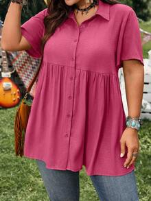 EMERY ROSE Short Sleeve Blue Button-Up Shirt, Casual Vacation Shirt With Longer Back, Plus Size, Suitable For Spring & Summer - Hot Pink - View 5