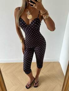 SHEIN EZwear Bộ jumpsuit ôm sát in họa tiết chấm bi - màu đen - Xem 6