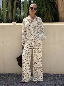 Brown Vacation Allover Print Loose Shirt And Casual Pants 2 Pieces Set For Women, Spring/Summer - Coffee Brown - View 5