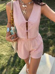 KARISMINA 2 piezas Conjunto informal de mujer con top corto y pantalón corto holgado de cintura alta con estampado de rayas tejido - Rojo y blanco - Ver 13