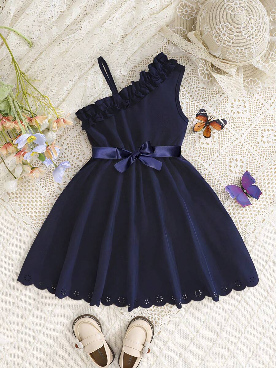 SHEIN Young Girl Solid Color Frill Trim Asymmetric Neck Sleeveless Dress - Navy Blue - View 1
