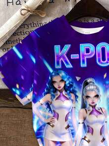 女童圆领字母卡通印花短袖T恤和短裤休闲简约套装，适合夏季假期、派对、日常穿着、音乐会等场合。 - 彩色 - 查看 4