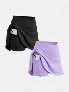 SHEIN Girlism 適合青少女穿著的春夏季休閒高彈性運動裙，附安全褲 - 彩色 - 查看 8