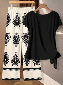 SHEIN Clasi Casual Minimalist Geometric Pattern Vacation Style Black Tie-Up Top And Loose Straight Leg Pants Set, Suitable For Spring/Summer, Plus Size 2-Piece - Multicolor - View 2