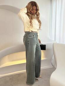 Mariisbox Fall/Winter Cargo Denim Drawstring Washed Wide Leg Jeans, Vintage, Streetwear - Blue - View 5