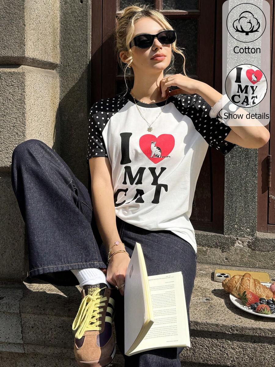MainGRL 黑白波点拼接撞色印花T恤，可爱休闲，适合女士春夏户外及街头穿着 - 白色 - 查看 1