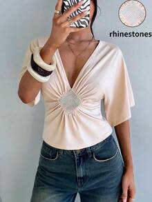 Siren Gaze Pink Sequin Summer Elegant Party Night Women's V-Neck Rhinestone-Embellished Top, Ruched Fashionable Casual Versatile Top - Apricot - View 8