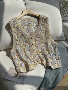 Comfortcana Plus Size Women Contrast Color Hollow Out Single-Breasted Knit Cardigan Vest - Multicolor - View 6