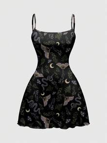 ROMWE Goth 复古哥特神秘女巫蛾叶植物印花弹力加大码吊带裙 - 白色 - 查看 5