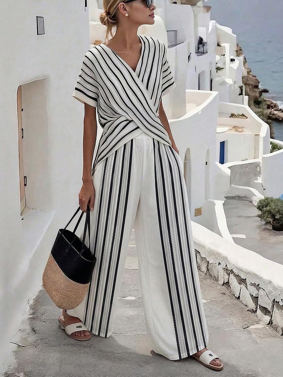 SHEIN Holidaya Women's Striped Casual Versatile Wide Leg Pants For Daily Wear - White - View 1