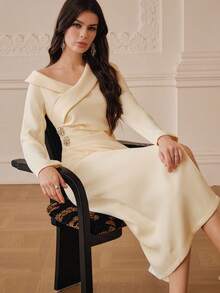 ZEYLAH Elegant Party Asymmetric Collar Cinched Waist Draped Midi Dress, Autumn/Winter - Light Yellow - View 7