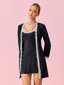 Bonmuse Lace Trim Decor Robe & Sleep Slip Dress Pajama Set, Sweet Y2K Style Women Sleepwear Set Holiday Season, Fall Winter Clothes - Multicolor - View 8